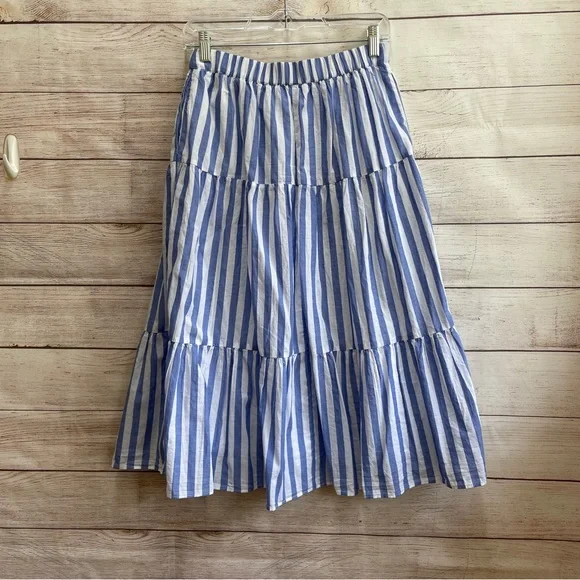 J CREW FULL TIERED FULL MIDI SKIRT IN BLUE AND WHITE STRIPES‎ - Picture 4 of 6